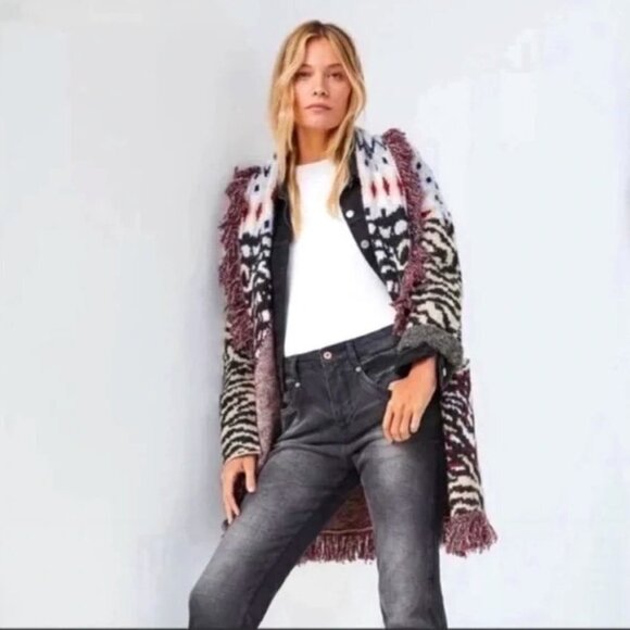 Anthropologie Sweater Women's 1X Paloma Fringed Animal Print Belted Cardigan - Picture 2 of 15